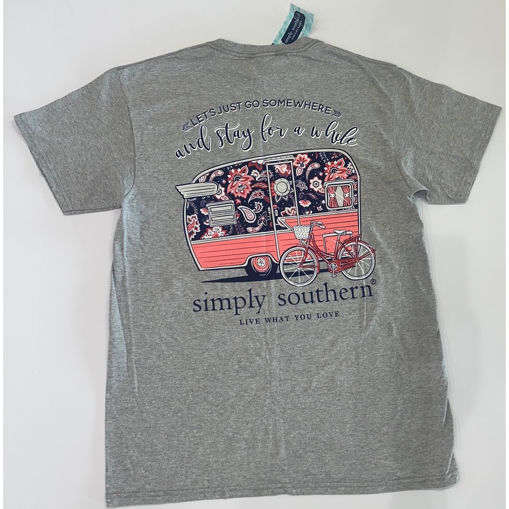 Simply Southern Gray Camper Graphic T-Shirt Stay For A While Medium NWT
